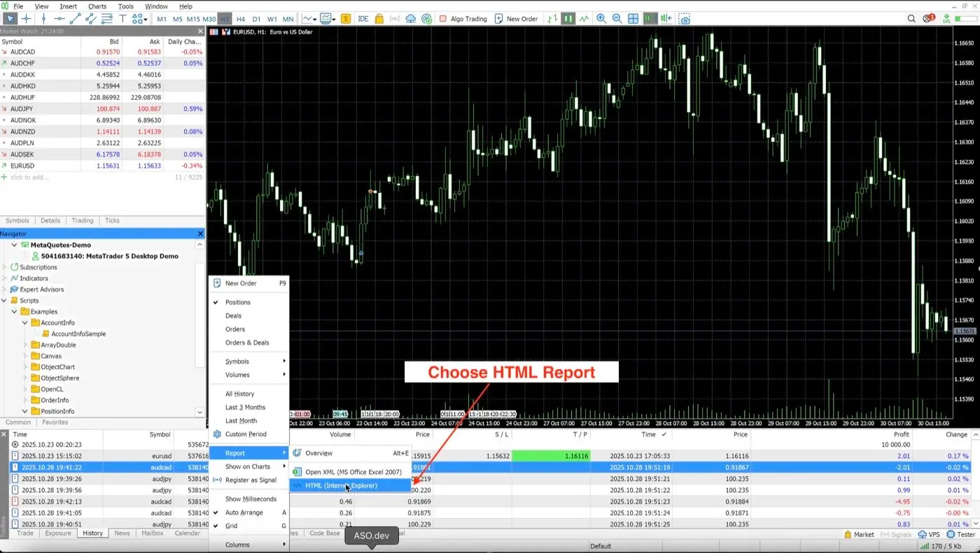 Export Deriv MT5 HTML report for your trading journal
