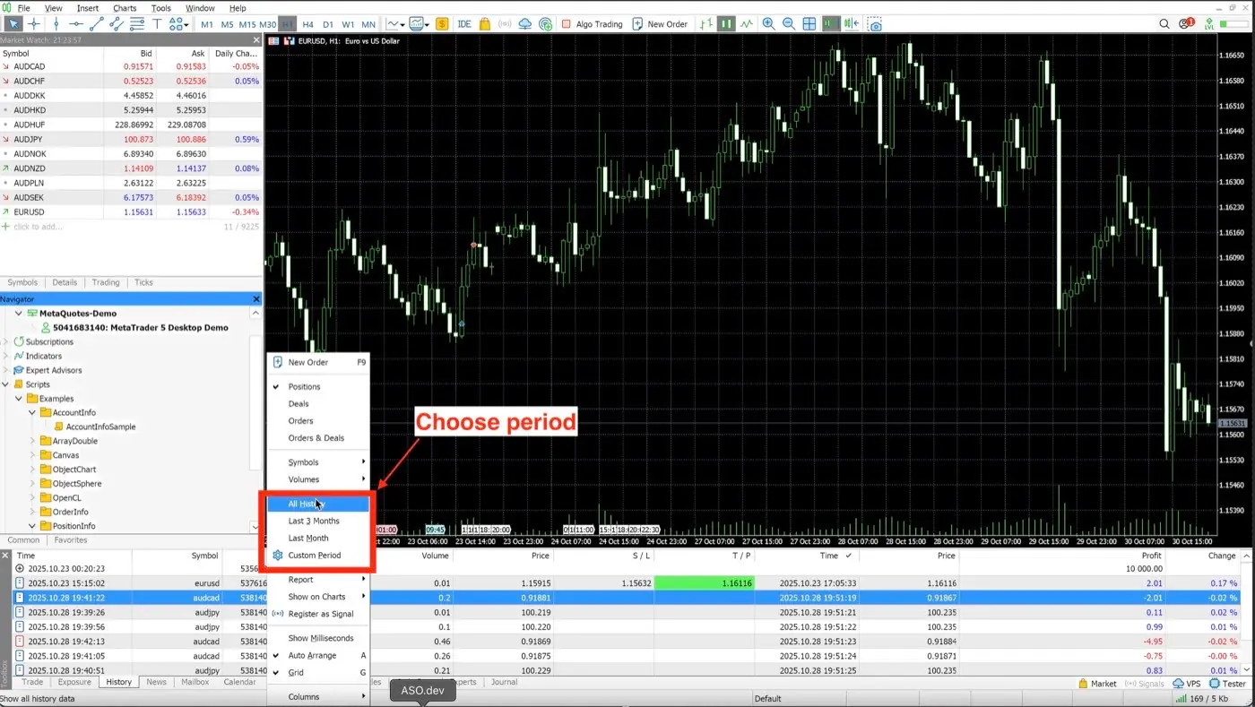 Deriv MT5 History tab showing the time period menu for trading journal import