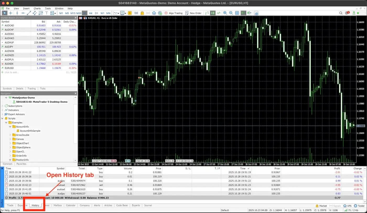 Deriv MetaTrader 5 Terminal with the History tab selected for trading journal export