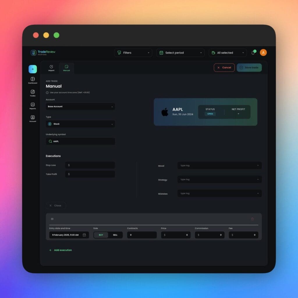 TradeReview trade log screen for adding and reviewing trades