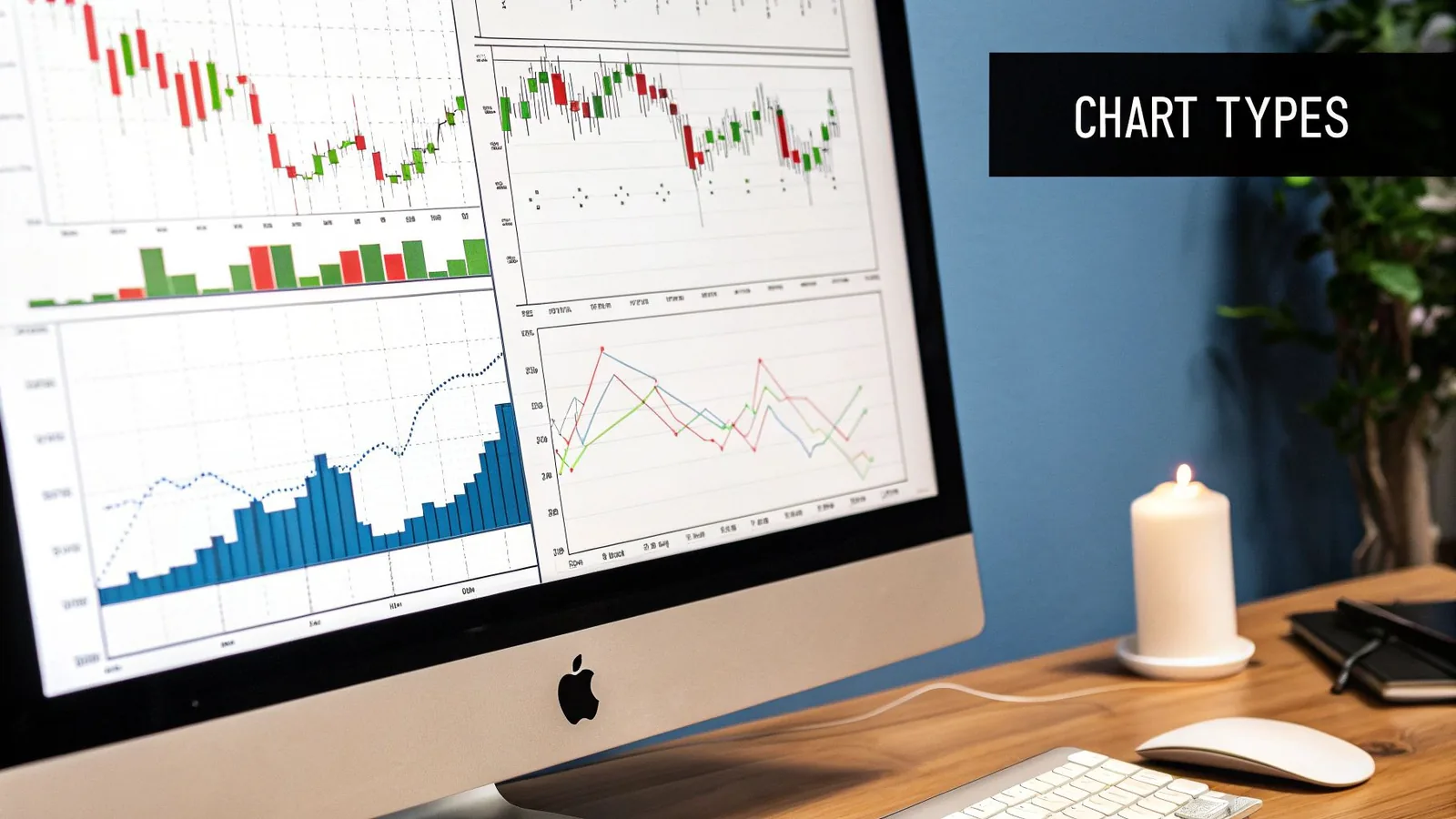 Stock chart types showing line, bar, and candlestick views