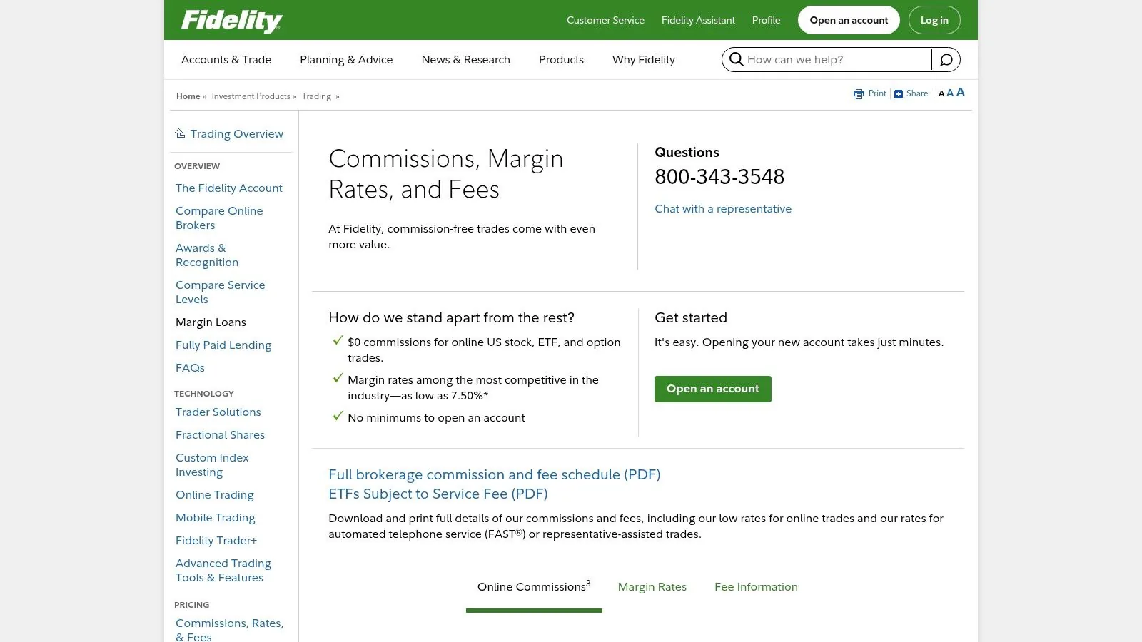 Fidelity Investments commission and fee schedule page showing $0 commission for online US stock, ETF, and options trades
