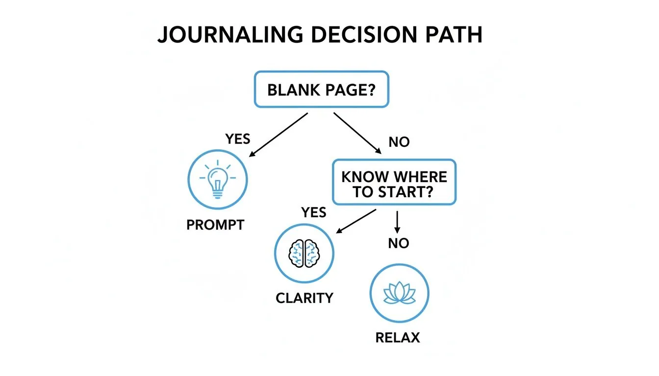 A journaling decision path flowchart guiding users from a blank page to prompt, clarity, or relaxation.