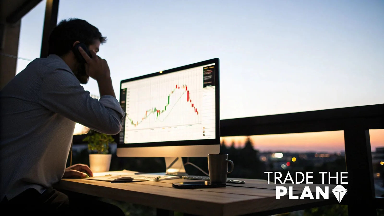 Man on a balcony talking on phone while looking at stock charts on a computer at sunset.