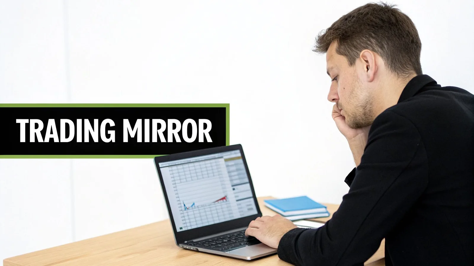 A man in a black jacket looks at a laptop displaying financial charts, with 'TRADING MIRROR' text.