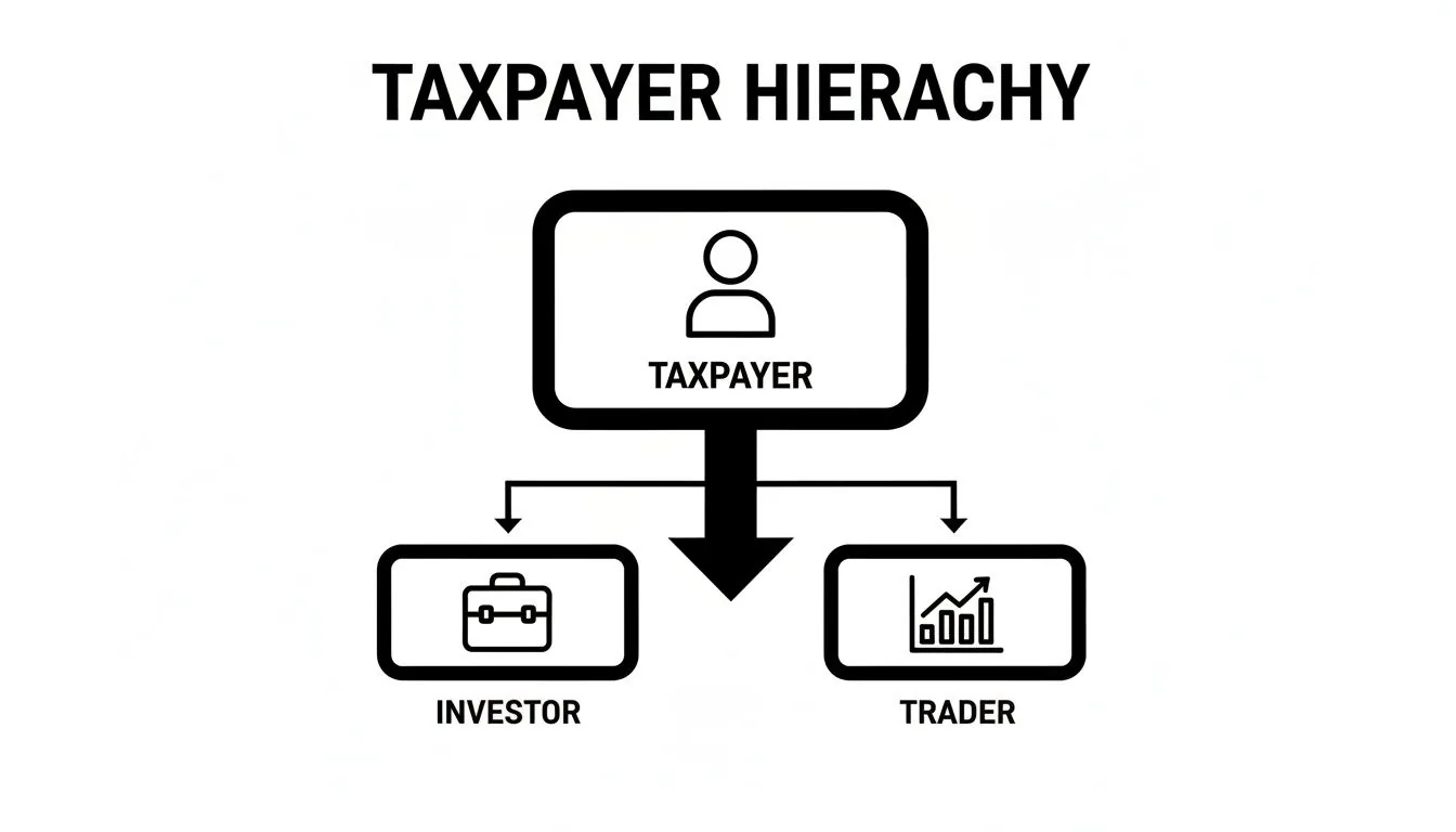 Hierarchy chart: Taxpayer at top, branching into Investor (briefcase) and Trader (chart).