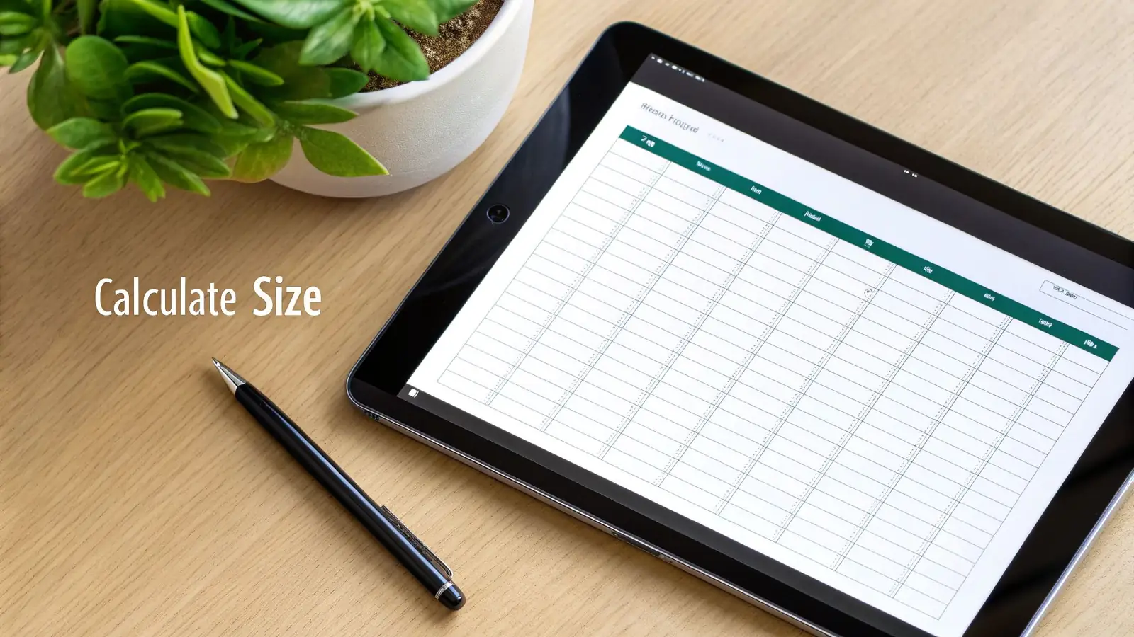 A tablet displaying a spreadsheet for calculations, with a pen and a green plant on a wooden desk.