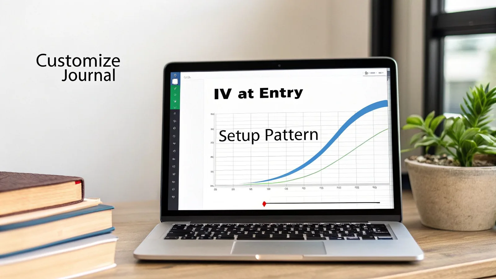 A laptop displays a trading journal graph titled 'IV at Entry' on a desk with stacked books.