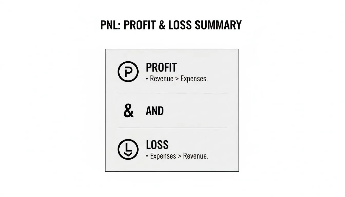 A PNL summary explaining profit as revenue greater than expenses, and loss as expenses greater than revenue.